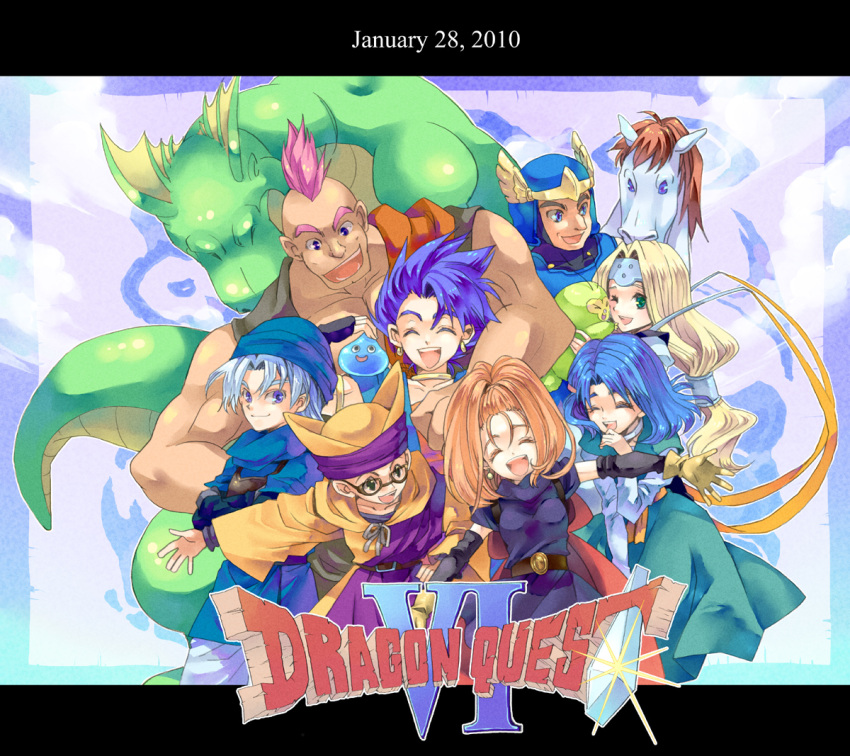 3girls 5boys ^_^ amos_(dq6) barbara_(dq6) blonde_hair blue_eyes blue_hair brown_hair chamoro closed_eyes commentary_request copyright_name creature dragon_quest dragon_quest_vi drango everyone falchion_(dq6) glasses green_eyes group_picture happy hassan_(dq6) hat helmet hero_(dq6) horse letterboxed long_hair low-tied_long_hair mireyu multiple_boys multiple_girls photoshop_(medium) pink_hair slime_(dragon_quest) smile tania_(dq6) terry_(dq6) urita white_hair