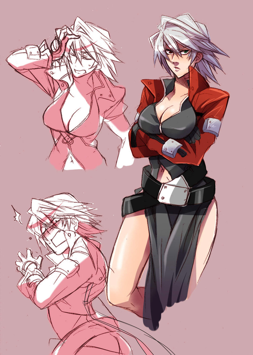 bare_legs belt blazblue breasts cleavage commentary_request crossed_arms female genderswap_(mtf) green_eyes grey_hair heterochromia highres kaneaki_mukku large_breasts multiple_views navel ragna_the_bloodedge red_eyes rule_63 short_hair