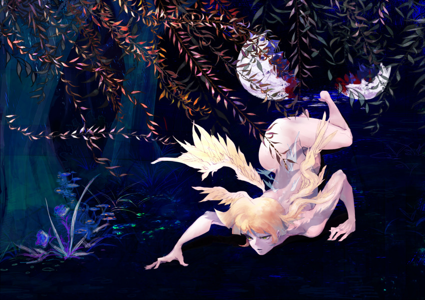 angel asuka_ryou blonde_hair dark devilman egg green_eyes nature nude satan satan_(devilman) wings