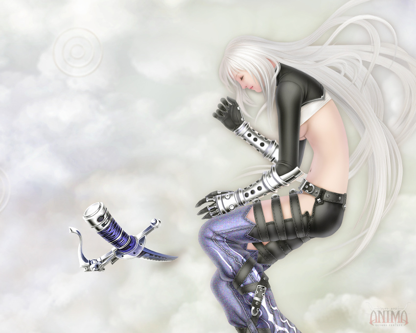 anima belt breasts celia_(anima) cloud commentary_request female foreshortening gauntlets medium_breasts photoshop_(medium) sleeping solo sword underboob weapon wen-m white_hair