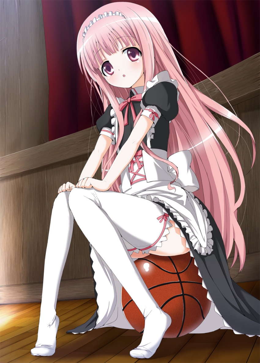 :o ball basketball_(object) blush female from_below fujioka_toki full_body hakamada_hinata highres long_hair maid maid_headdress no_shoes open_mouth pink_hair rou-kyuu-bu! sitting solo thighhighs very_long_hair white_thighhighs wooden_floor