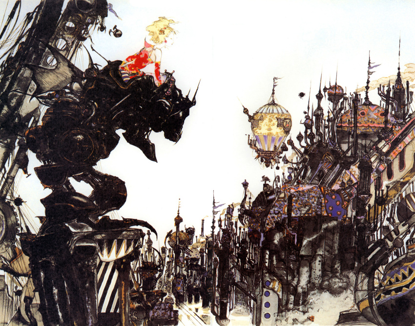 amano_yoshitaka city cover female final_fantasy final_fantasy_vi highres magitek_armor mecha official_art photoshop_(medium) robot scan solo terra_branford video_game_cover