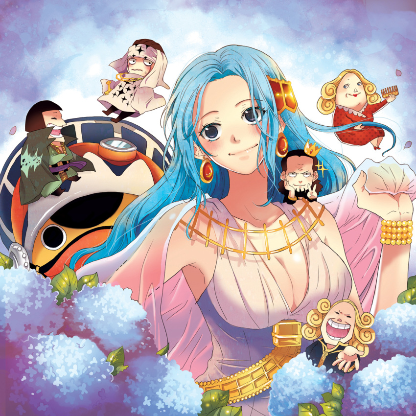 2girls 4boys ance bird blue_hair bracelet breasts cape chaka_(one_piece) chibi cleavage closed_eyes comb commentary_request crown duck earrings father_and_daughter helmet husband_and_wife igaram jewelry karoo_(one_piece) large_breasts long_hair multiple_boys multiple_girls necklace nefertari_cobra nefertari_vivi one_piece pell petals photoshop_(medium) see-through sword tattoo terracotta_(one_piece) v weapon