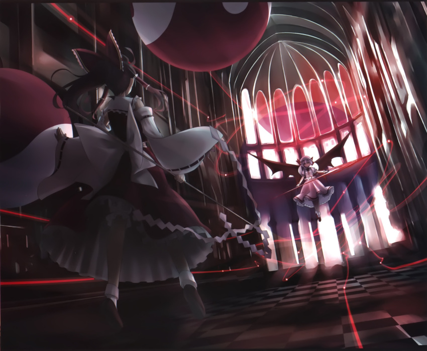 2girls absurdres bat_wings bloomers bow checkered_floor detached_sleeves dress floating gohei gustav_(telomere_na) hairbow hakurei_reimu hat highres holding holding_staff indoors low_wings multiple_girls orb ponytail remilia_scarlet scan shide socks spear_the_gungnir staff touhou underwear upskirt wings yin_yang yin_yang_orb