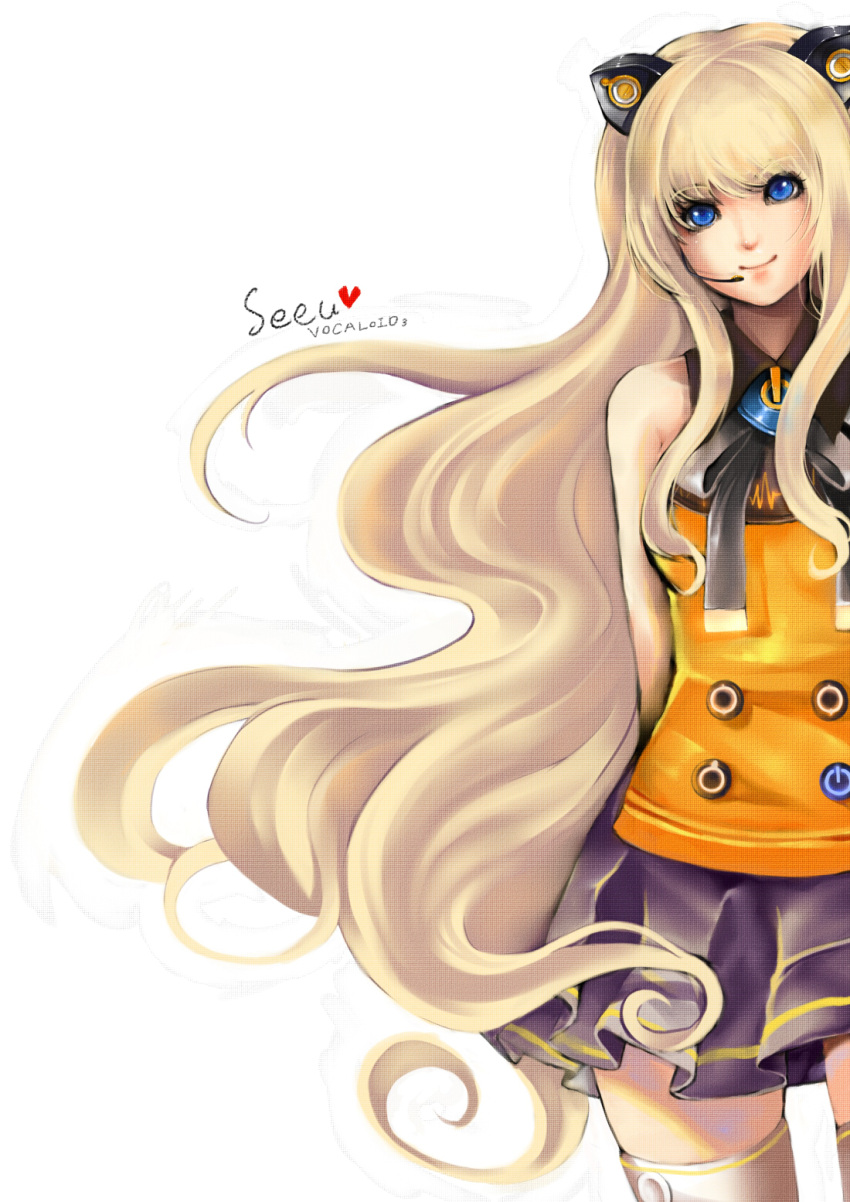 animal_ears au11 bad_id bad_pixiv_id bare_shoulders big_hair black_skirt blonde_hair blue_eyes female highres long_hair miniskirt pleated_skirt seeu skirt smile solo striped_clothes striped_skirt thighhighs very_long_hair vocaloid zettai_ryouiki