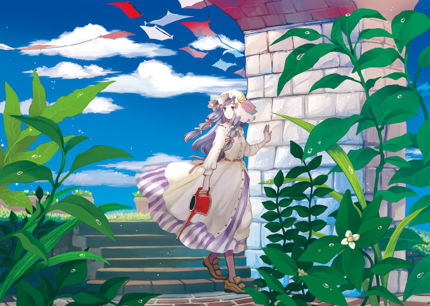 blue_sky brick capelet cloud commentary_request crescent day dew_drop dress female flag flags_of_all_nations flower hair_ribbon hand_on_wall hat hat_ornament highres leaf loafers long_dress long_hair long_sleeves looking_away looking_to_the_side mob_cap outdoors patchouli_knowledge plant potted_plant purple_eyes purple_hair ribbon shoes sidelocks sky solo stairs standing string string_of_flags striped sugi touhou tress_ribbon vertical_stripes water water_drop watering_can wind