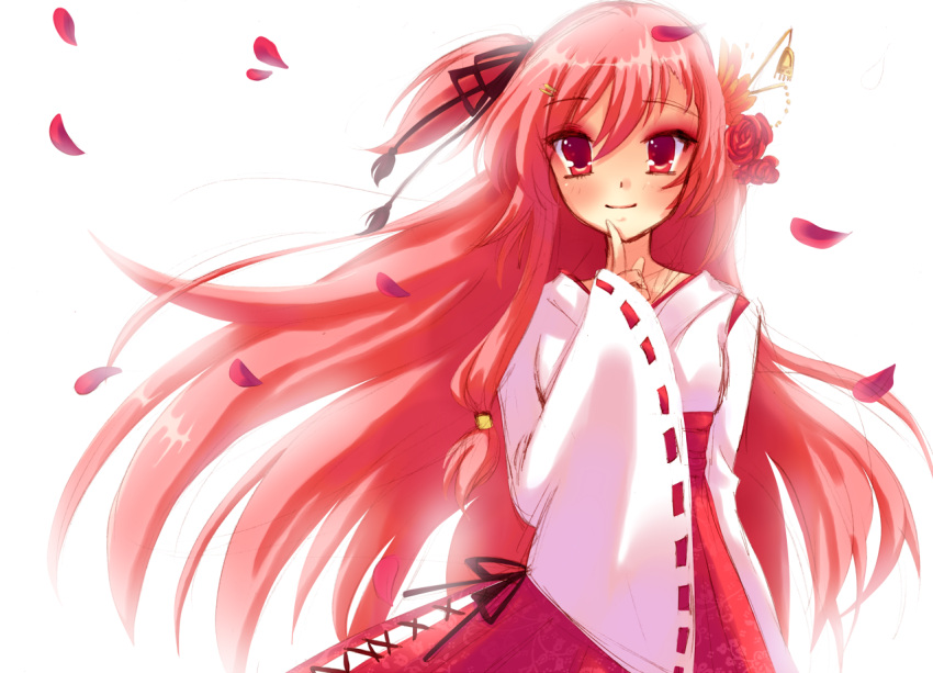 bad_id bad_pixiv_id bloom eva_smith female finger_to_face flower hair_flower hair_ornament index_finger_raised japanese_clothes long_hair miko one_side_up original petals pink_eyes pink_hair red_eyes red_flower red_hair red_rose rose short_ponytail smile solo tassel wide_sleeves