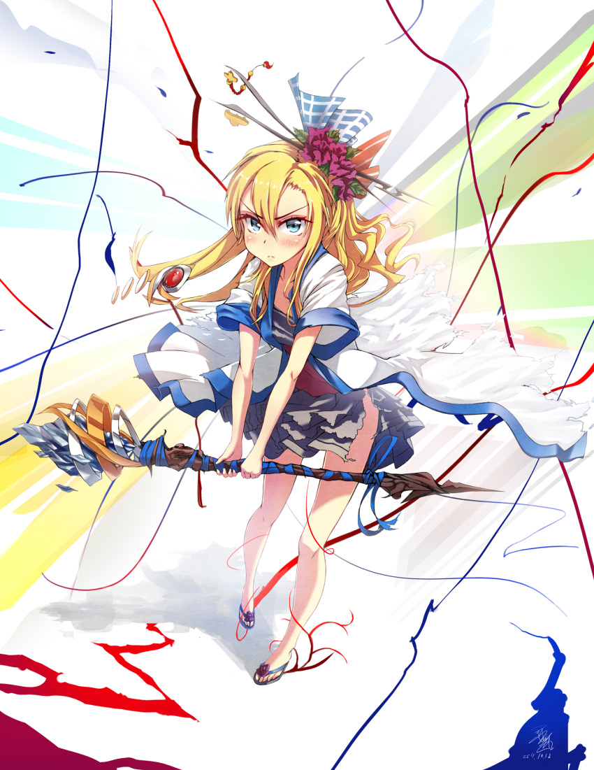 bare_legs black_skirt blonde_hair blue_eyes blush commentary copyright_request dress female flower foreshortening frills gathers glycyrrhizae hair_flower hair_ornament highres jacket layered_skirt long_hair magic miniskirt sandals skirt solo staff torn_clothes torn_dress torn_skirt