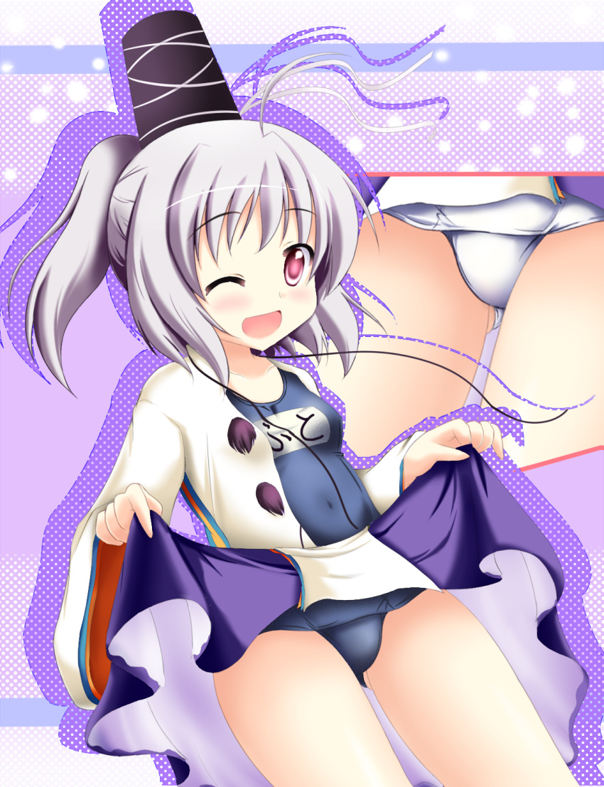 alternate_color blue_skirt clothes_lift commentary_request female hat highres japanese_clothes kanarai_taru kariginu long_hair medium_skirt mononobe_no_futo one-piece_swimsuit one_eye_closed open_clothes open_shirt school_swimsuit shirt skirt skirt_lift swimsuit touhou twintails white_hair white_one-piece_swimsuit