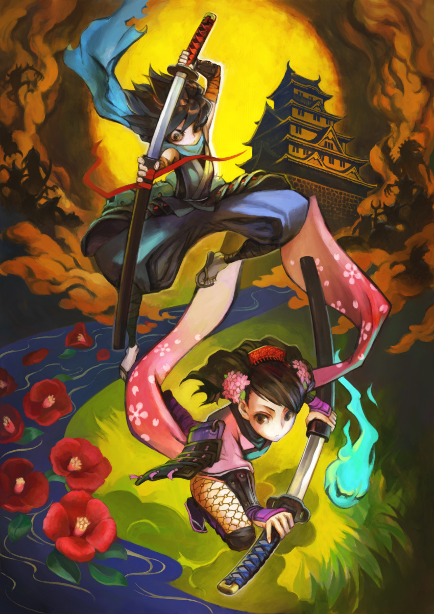 1boy absurdres architecture armor black_hair brown_eyes camellia castle cherry_blossoms cloud comb demon east_asian_architecture female field fishnets floral_print flower gauntlets grass hair_flower hair_ornament highres hitodama holding holding_sword holding_weapon izuna_jinkuro japanese_armor japanese_clothes katana kimono kisuke kote kurokote kusazuri left-handed long_hair momohime oboro_muramasa official_art pale_skin photoshop_(medium) red_flower river sandals scarf sheath short_kimono shoulder_armor sode stream sun sword thighhighs tower unsheathing water weapon