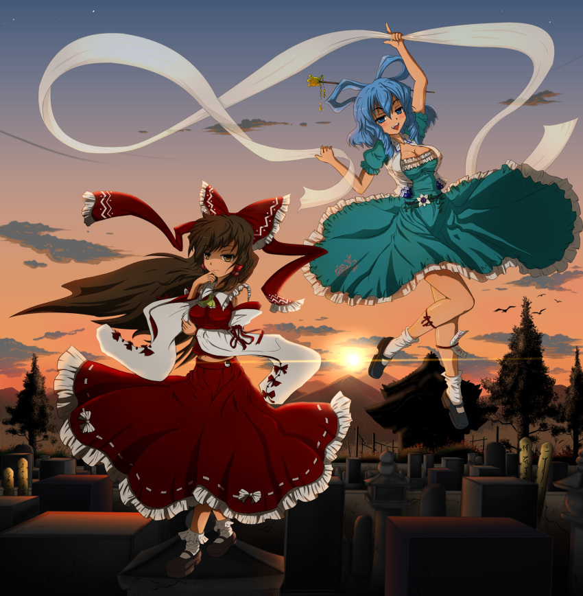 2girls absurdres bad_id bad_pixiv_id blue_eyes blue_hair breasts brown_eyes brown_hair detached_sleeves graveyard hair_ribbon hair_tubes hakurei_reimu highres kado kaku_seiga medium_breasts multiple_girls navel pointing ribbon shawl sunset touhou