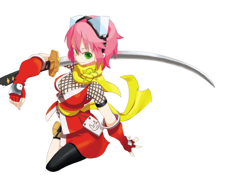 absurdres breasts cleavage elbow_gloves female fishnets gloves goggles gouma_reifuden_izuna green_eyes highres izuna_(gouma_reifuden_izuna) medium_breasts pink_hair scan scarf short_hair solo sword vector_trace weapon yoshida_on