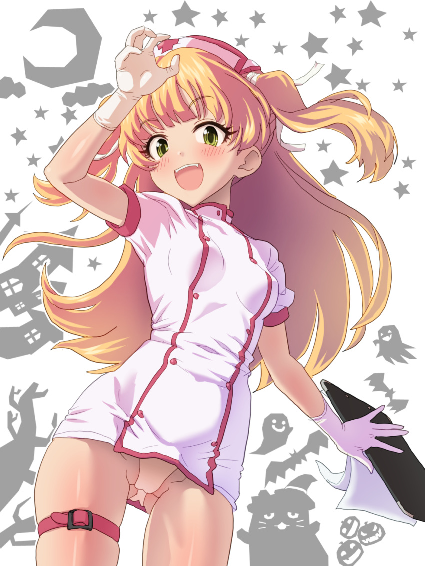 :d arm_up ass_visible_through_thighs blonde_hair blush breasts clipboard commentary_request dress fangs female gloves green_eyes hair_ribbon hat highres idolmaster idolmaster_cinderella_girls jougasaki_rika kezune_(i-_-i) long_hair looking_at_viewer nurse nurse_cap open_mouth panties pantyshot pina_korata ribbon rubber_gloves short_dress short_sleeves simple_background skindentation smile solo standing star_(symbol) thigh_strap two_side_up underwear white_dress white_gloves white_panties white_ribbon