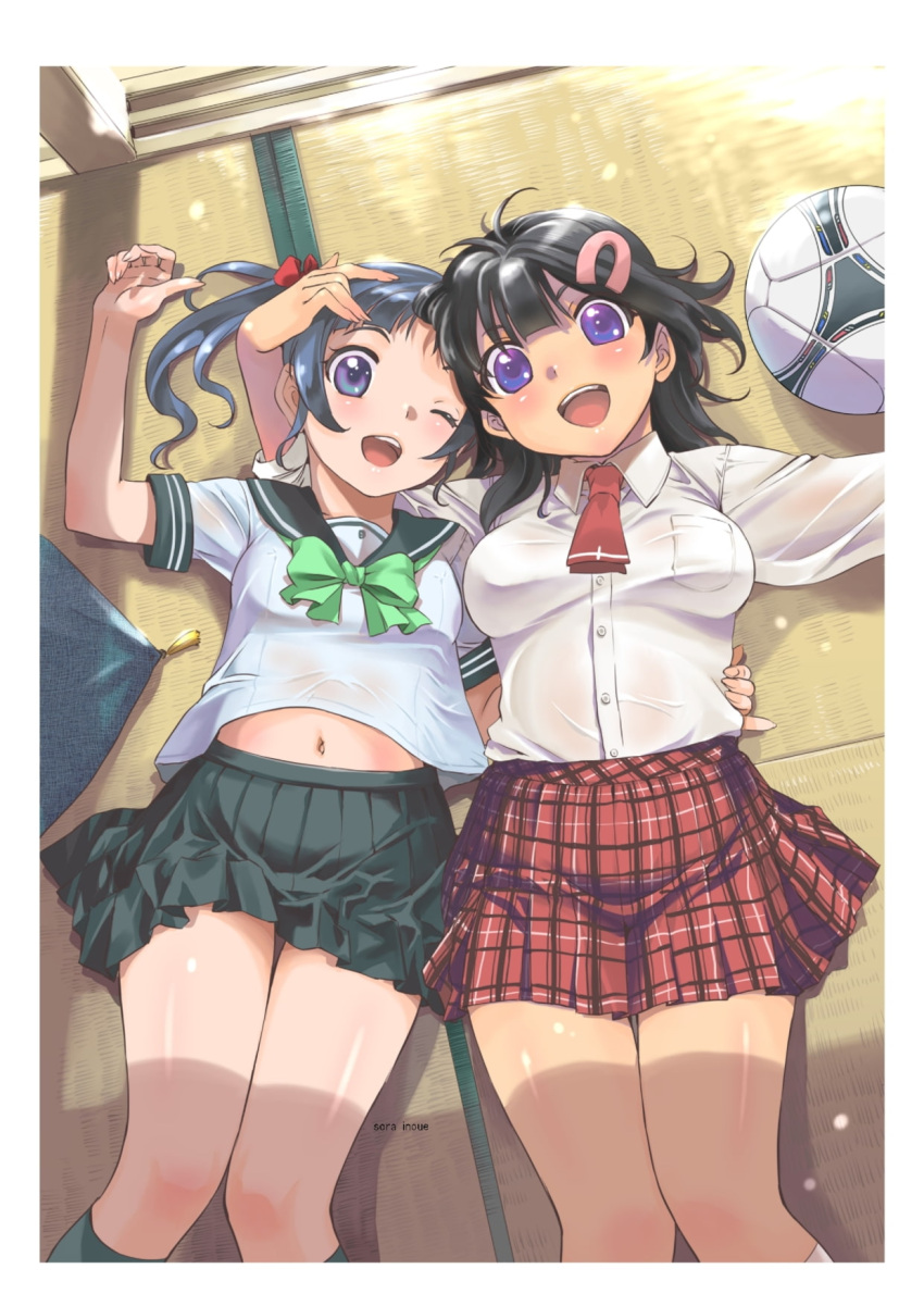 2girls arm_around_waist artist_name ball bare_legs black_hair blue_eyes blue_hair bow bowtie breasts breasts_apart green_bow green_bowtie hair_ornament hairbow hairclip highres inoue_sora long_hair looking_at_viewer lying mai_ball! medium_breasts miniskirt miyano_ichigo miyano_mai multiple_girls navel necktie official_art on_back one_eye_closed open_mouth pinky_out plaid plaid_skirt pleated_skirt school_uniform serafuku shirt siblings side_ponytail sisters skirt sleeves_rolled_up smile soccer_ball tatami wet wet_clothes wet_shirt white_shirt