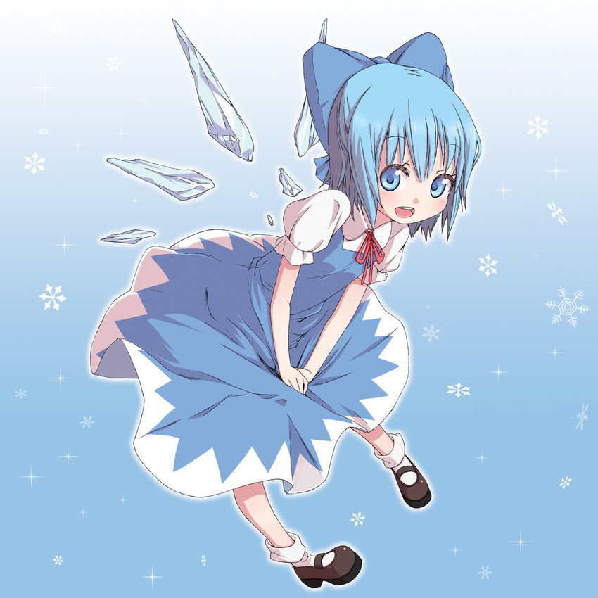 bad_id bad_pixiv_id blue_dress blue_eyes blue_hair blush bow chika_(orange_pop) cirno dress female hairbow highres ice mary_janes open_mouth pigeon-toed shoes short_hair smile snowflakes solo touhou wings