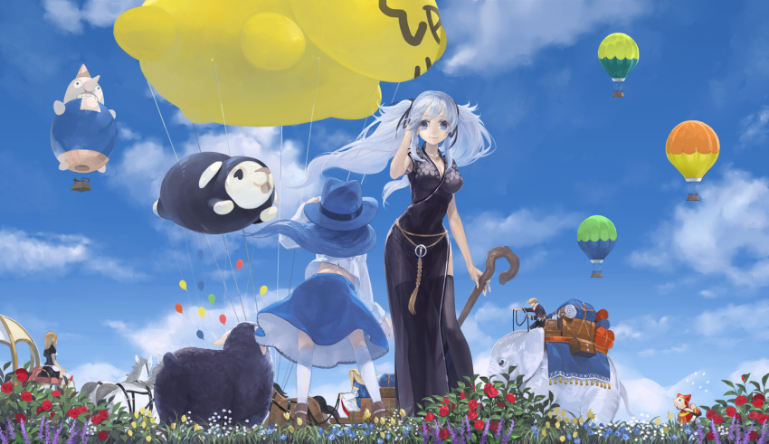 1boy 4girls balloon bassanio black_sheep blue_eyes blue_hair breasts china_dress chinese_clothes cleavage cloud commentary_request day dress elephant fedora hat highres horse large_breasts long_hair lorna mabinogi multiple_girls nao_(mabinogi) outdoors pan_(mabinogi) portia_(mabinogi) sheep shepherd's_crook skirt sky thighhighs toro_(konirio)