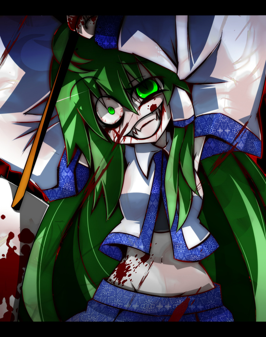 armpits belly blood blood_on_face colored_skin commentary_request constricted_pupils crazy crazy_eyes detached_sleeves female green_eyes green_hair highres kochiya_sanae koishi_komeiji's_heart-throbbing_adventure long_hair nosada pale_skin skirt smile solo touhou white_skin