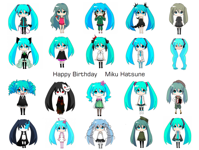 1925_(vocaloid) aqua_eyes aqua_hair black_hair black_rock_shooter blue_eyes blue_hair clock_lock_works_(vocaloid) dress flowers hat hatsune_miku himitsu_keisatsu_(vocaloid) long_hair matryoshka_(vocaloid) miku_append musunde_hiraite_rasetsu_to_mukuro_(vocaloid) ribbons rolling_girl_(vocaloid) romeo_and_cinderella_(vocaloid) shiteyanyo skirt thighhighs tie twintails vocaloid