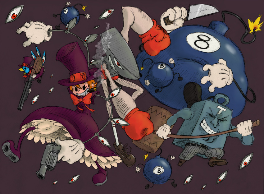 absurdres andy_anvil avery_(skullgirls) black_eyes bomb boxing_gloves cigar dress eyes george_the_bomb gloves grin gun hammer handgun hat highres knife lab_zero_games lenny_the_bomb mechanical_arms mouth_hold orange_hair peacock_(skullgirls) pistol red_eyes ribbon skullgirls smile tommy_10-tons tommy_ten-tons tommy_two-tons top_hat weapon