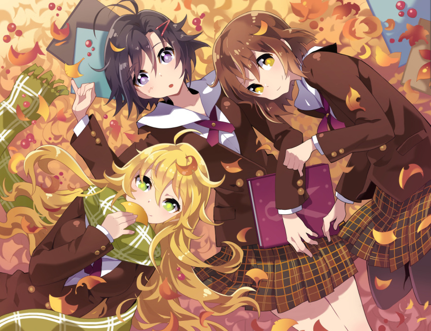 3girls bf._(sogogiching) black_hair black_legwear blazer blonde_hair brown_hair commentary_request fringe_trim green_eyes hagiwara_yukiho hoshii_miki idolmaster idolmaster_(classic) jacket kikuchi_makoto leaf long_hair looking_at_viewer lying multiple_girls on_back on_side pantyhose photoshop_(medium) plaid plaid_skirt pleated_skirt purple_eyes scarf school_uniform school_wear_(idolmaster) short_hair skirt smile