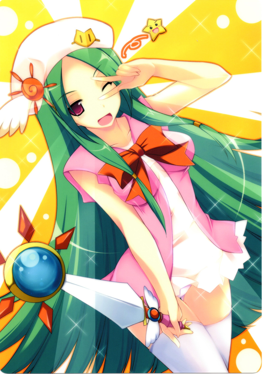 absurdres bad_link bow breasts dress female green_hair hat highres ibuki_pon long_hair lovekami medium_breasts one_eye_closed open_mouth panties pink_eyes smile solo star_(symbol) sword takamagahara_teru thighhighs underwear v very_long_hair weapon white_thighhighs