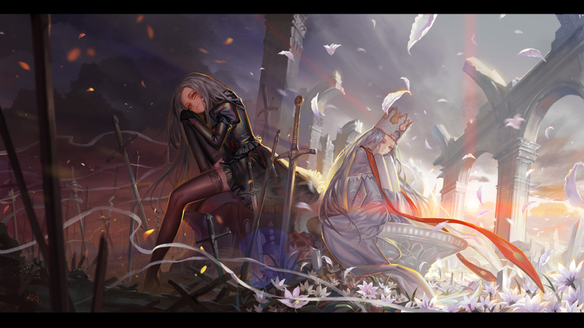 2girls alphonse_(white_datura) alter_servant arch bad_id bad_pixiv_id black_gloves black_thighhighs black_vs_white capelet crown dark_persona day_and_night dress dual_persona expressionless facial_tattoo falling_petals fate/zero fate_(series) field_of_blades flower gloves glowing glowing_eyes grey_dress grey_hair hands_on_own_knee highres irisviel_von_einzbern irisviel_von_einzbern_(caster) knee_up letterboxed long_hair long_legs multiple_girls multiple_persona petals photoshop_(medium) planted planted_sword polar_opposites puffy_short_sleeves puffy_sleeves red_eyes ruins shirt short_sleeves sitting skirt skirt_set slit_pupils sword tattoo thighhighs very_long_hair weapon white_dress white_flower white_hair zettai_ryouiki