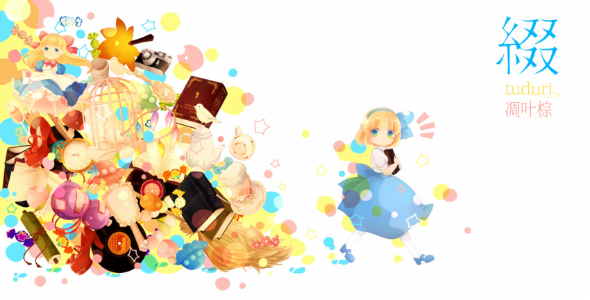 alice_margatroid alice_margatroid_(pc-98) bird blonde_hair book broom cage camera candy commentary_request cup diao_ye_zong female food fruit gourd hairband hanada_hyou hand_fan lolicon mirror mushroom peach pocket_watch record scroll shanghai_doll shoes short_hair solo teapot touhou touhou_(pc-98) ufo watch