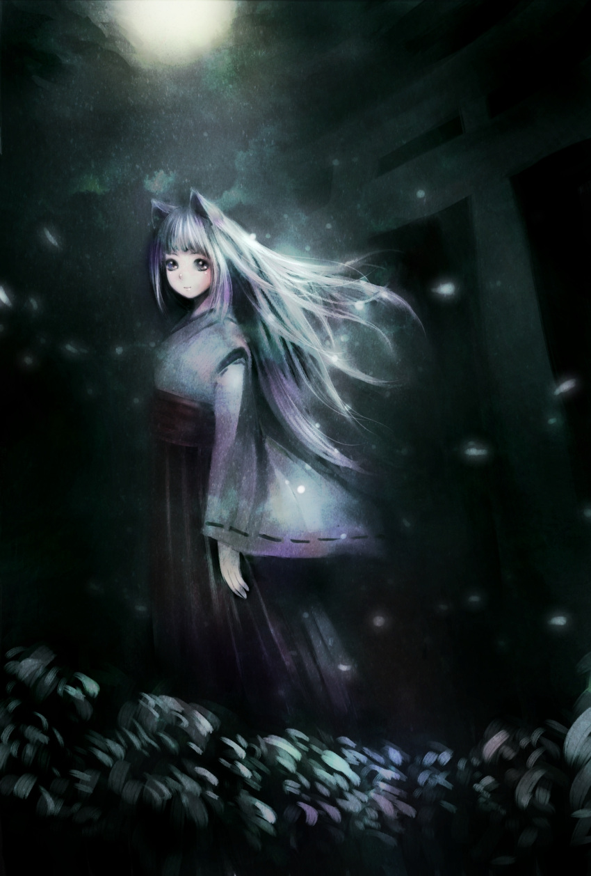 animal_ears commentary_request female fox_ears fox_girl full_moon grey_eyes highres inari japanese_clothes kimono kyol-2 long_hair looking_at_viewer miko moon moonlight night original petals solo torii white_hair