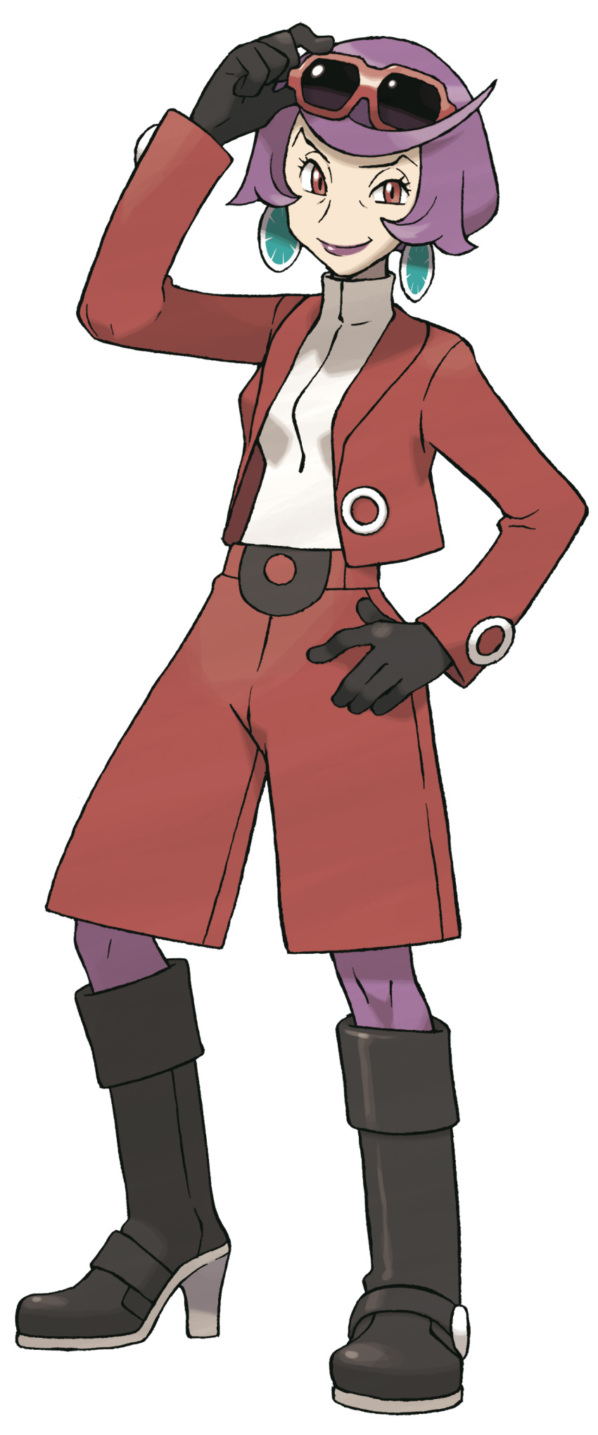 absurdres boots earrings frontier_brain game_freak gloves highres jewelry kate_(pokemon) lipstick lipsticks makeup official_art pokemon pokemon_(game) pokemon_dppt pokemon_platinum purple_hair red_eyes stage_madonna_kate sugimori_ken sunglasses