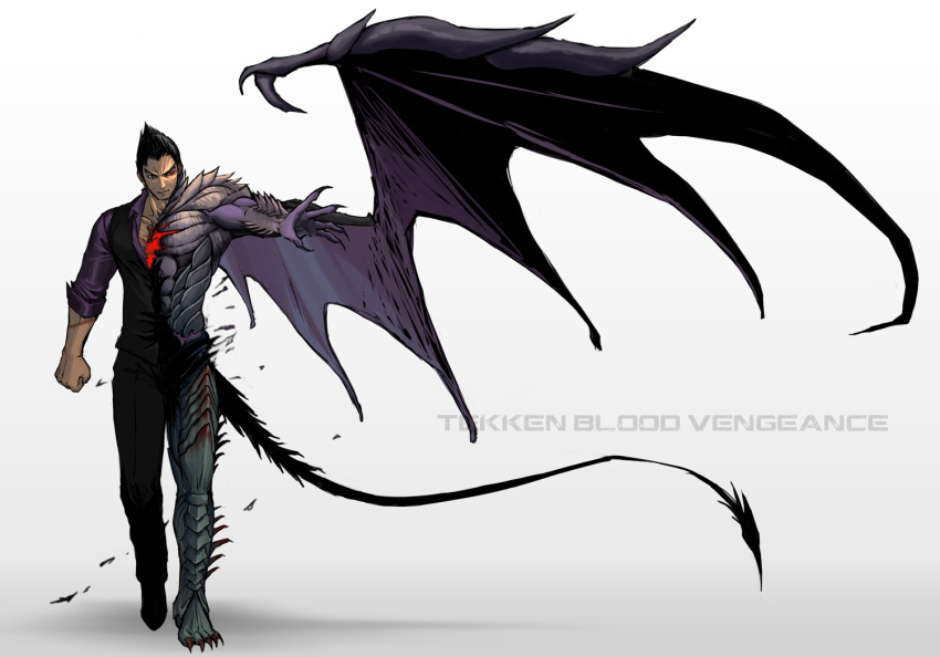 1boy akiyama_yuuji_(aqworks) claws commentary_request copyright_name dark_persona demon_tail demon_wings devil_(tekken) male_focus mishima_kazuya muscular pointy_hair solo tail tekken transformation wings