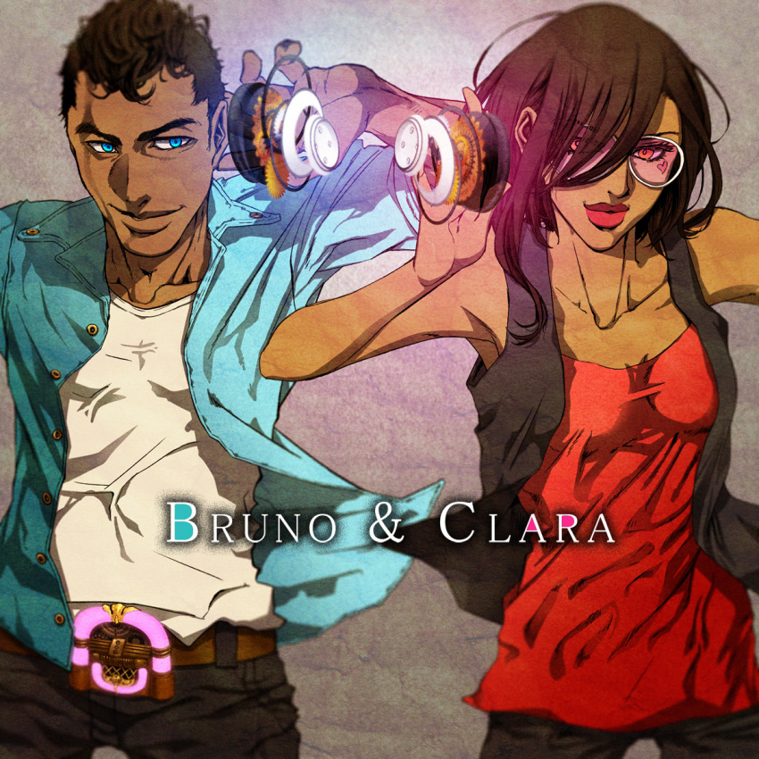 1boy belt blue_eyes brown_eyes brown_hair bruno_(vocaloid) chin clara_(vocaloid) curly_hair dark-skinned_male dark_skin denim eyelashes facial_mark female gears glowing hair_over_one_eye heart highres jeans jukebox lips namahamu_banana open_clothes open_shirt pants photoshop_(medium) shirt smile sunglasses swept_bangs t-shirt thick_eyebrows vest vocaloid