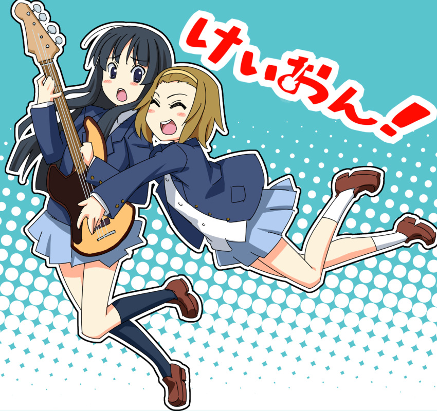 2girls akiyama_mio bass_guitar black_hair blush brown_hair commentary_request imada_kozue instrument k-on! long_hair multiple_girls photoshop_(medium) sakuragaoka_high_school_uniform school_uniform short_hair tainaka_ritsu uniform