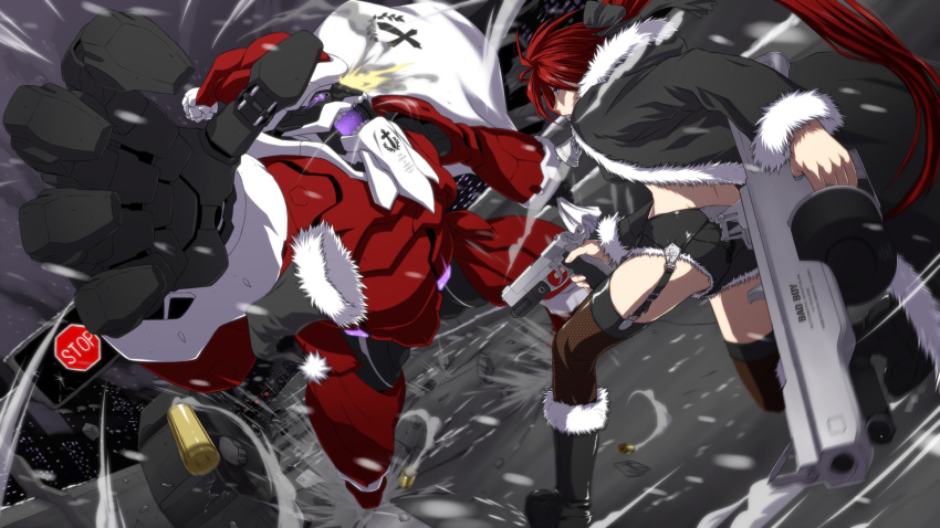 1boy commentary_request dual_wielding female gun highres holding iga_tomoteru mecha midriff original ponytail red_hair robot santa_claus santa_costume thighhighs weapon