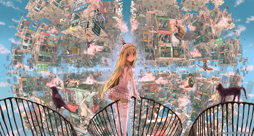 :o between_thighs bird blonde_hair blue_eyes broom broom_riding cityscape cloud commentary_request fantasy feline female fisheye hairband heart heart-shaped_pupils john_hathway long_hair looking_back mechanical_broom original outdoors photoshop_(medium) railing sky solo symbol-shaped_pupils thighhighs vacuum_tube zettai_ryouiki