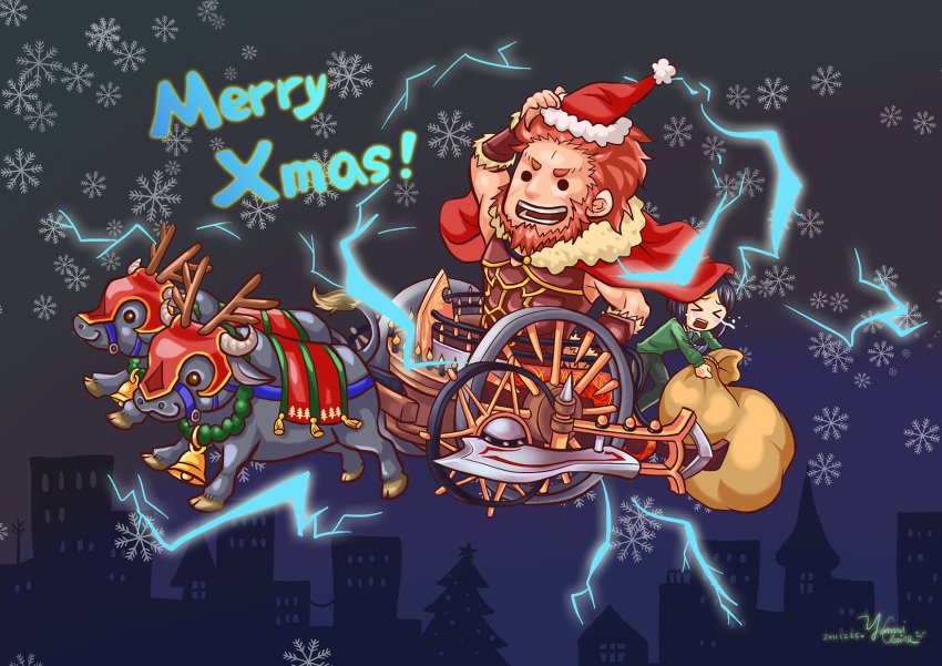 >_< 2boys antlers beard bull cape chariot chibi christmas closed_eyes commentary_request electricity facial_hair fate/stay_night fate/zero fate_(series) gordius_wheel_(fate) highres horns iskandar_(fate) merry_christmas multiple_boys photoshop_(medium) red_eyes red_hair short_hair tears waver_velvet yummiclaire