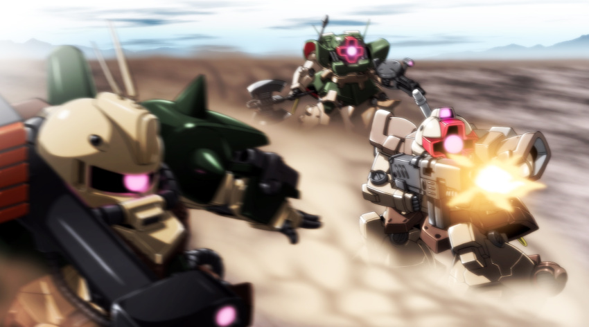 axe battle bazooka_(gundam) chibi commentary_request desert desert_zaku dom_tropen dowadge dual_wielding gun gundam gundam_unicorn highres holding mecha mimizu_(tokagex) motion_blur no_humans robot weapon zaku zaku_ii