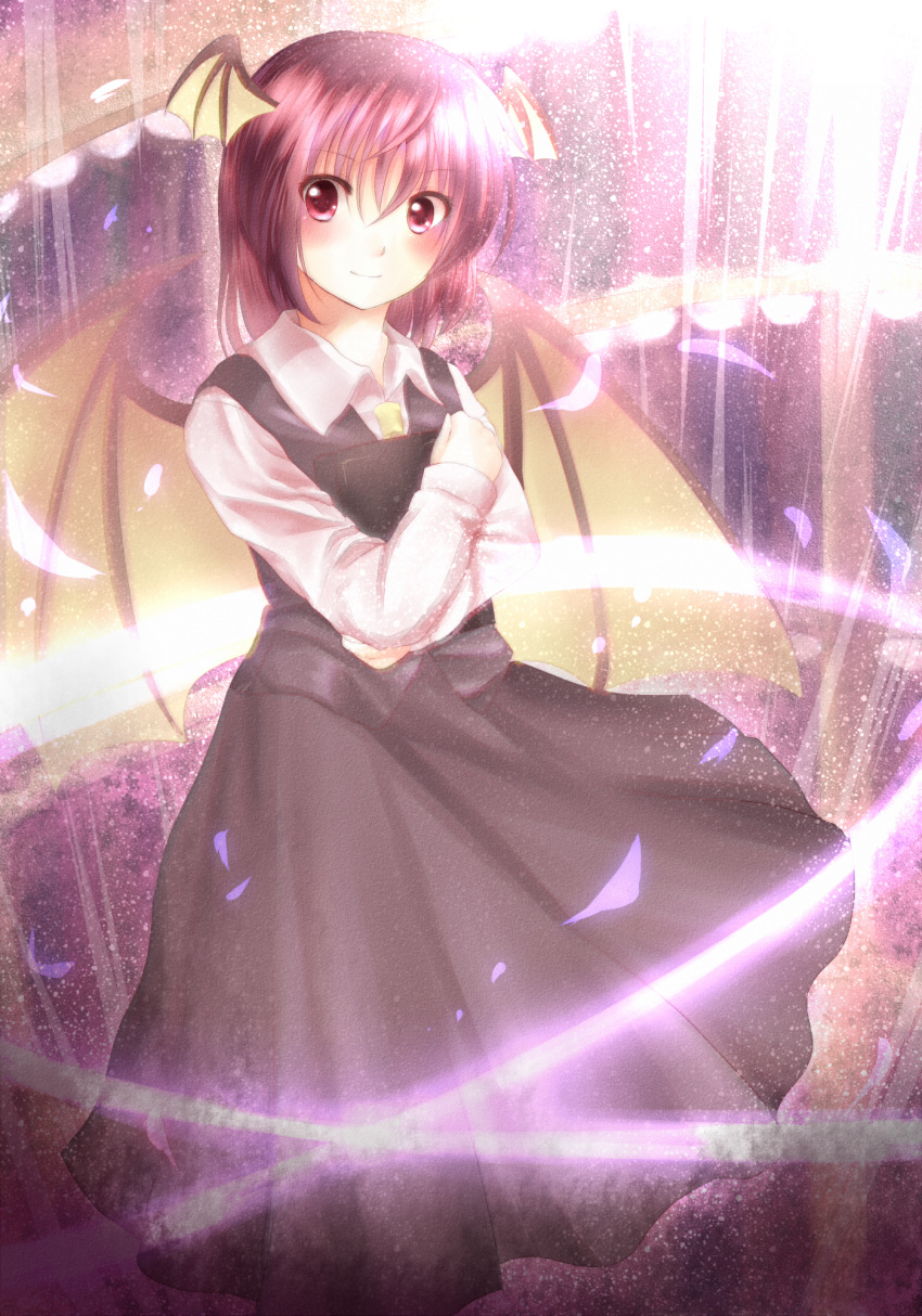 alternate_hair_length alternate_hairstyle bad_id bad_pixiv_id bat_wings book book_hug formal head_wings highres holding holding_book koakuma kotonoman light light_particles long_sleeves necktie red_eyes red_hair short_hair skirt skirt_set smile solo touhou vest white_hair wings