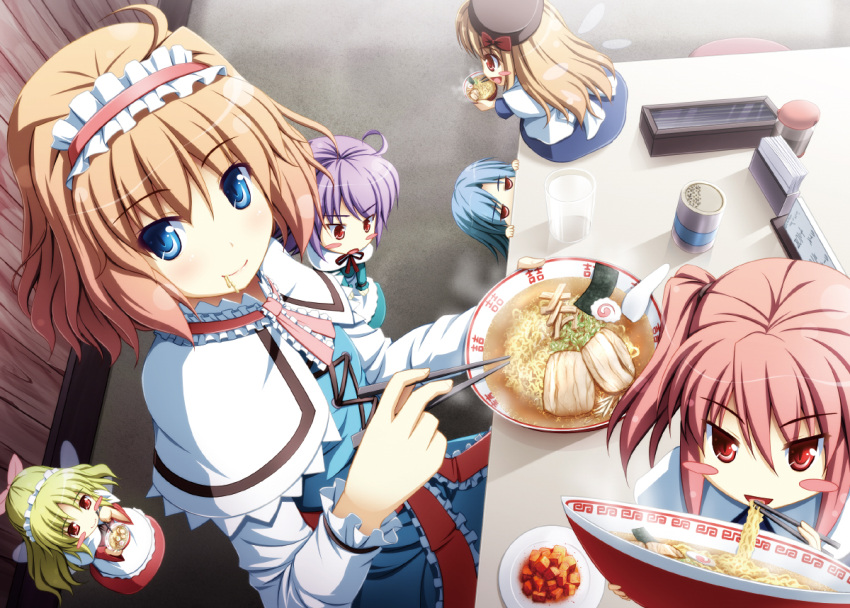 ahoge akashio_(loli_ace) alice_margatroid apron blonde_hair blue_eyes blue_hair blush blush_stickers bow bowl brown_hair capelet chopsticks commentary_request cube doll dress eating female floor food food_in_mouth hairband hairbow holding holding_chopsticks kamaboko light_purple_hair long_hair long_sleeves looking_to_the_side meandros meat narutomaki noodles nori_(seaweed) open_mouth peeking_out perspective pink_hair purple_hair ramen red_eyes red_hair salt_shaker sash shanghai_doll short_hair sitting smile solo table tissue touhou twintails wings