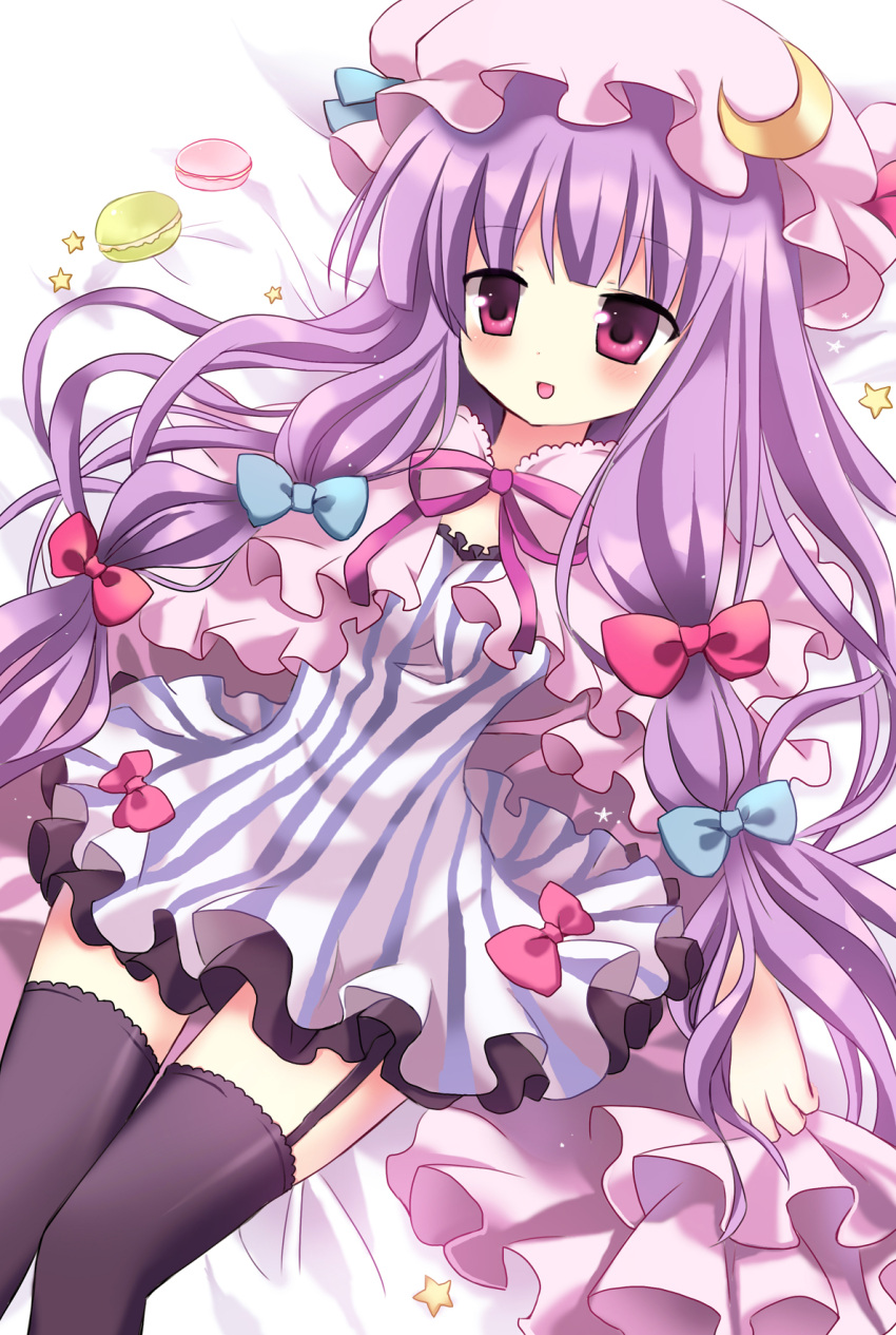 black_legwear blush bow breasts crescent dress hairbow hat highres long_hair lying mayo_(miyusa) open_mouth patchouli_knowledge purple_eyes purple_hair ribbon small_breasts smile solo star thighhighs touhou