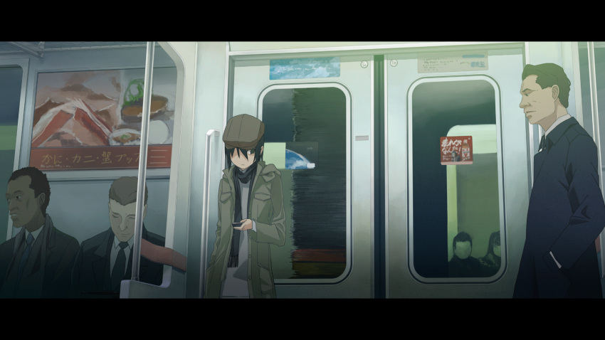 anime_coloring cellphone coat commentary_request crab_stick female hand_in_pocket hat highres kusakabe_(kusakabeworks) letterboxed original phone poster_(object) train train_interior