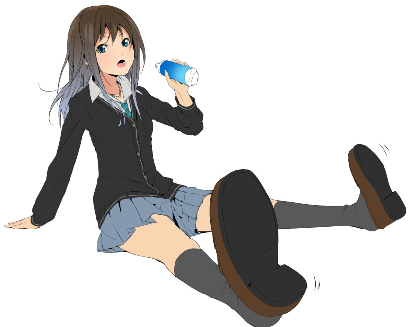 aqua_eyes arm_support bad_id bad_pixiv_id black_socks blazer bottle brown_hair cardigan drinking female full_body idolmaster idolmaster_cinderella_girls jacket jewelry kneehighs loafers long_hair looking_at_viewer necklace necktie nishiuri_warito open_mouth pleated_skirt school_uniform shibuya_rin shoe_dangle shoes simple_background sitting skirt socks solo white_background