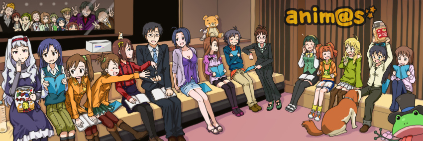 6+boys 6+girls ahoge akizuki_ritsuko akizuki_ryo amagase_touma amami_haruka animal antenna_hair aqua_eyes black_hair black_thighhighs blonde_hair blue_eyes blue_hair book boots bow box breasts brown_eyes brown_hair canine chips_(food) cleavage closed_eyes collarbone commentary_request copyright_name crossed_arms dance_coach_(idolmaster) double_v dress eating everyone extra food formal futami_ami futami_mami ganaha_hibiki green_eyes green_hair grey_hair hagiwara_yukiho hair_ribbon hairband hamster hand_on_another's_shoulder hidaka_ai highres hoshii_miki idolmaster idolmaster_(classic) idolmaster_2 idolmaster_dearly_stars ijuuin_hokuto inumi jupiter_(idolmaster) kikuchi_makoto kisaragi_chihaya kuroi_takao long_hair long_sleeves medium_breasts minase_iori mitarai_shouta miura_azusa mizutani_eri multiple_boys multiple_girls necktie oerba_yun_fang one_eye_closed open_mouth orange_hair otonashi_kotori ponytail producer_(idolmaster) producer_(idolmaster_anime) red_eyes ribbon sandals shijou_takane shoes short_hair shorts siblings side_ponytail sisters sitting skirt smile st_bernard striped striped_necktie stuffed_animal stuffed_rabbit stuffed_toy suit suspenders suzu-shiro sweat sweatdrop sweater sweater_vest takagi_junjirou takatsuki_yayoi teddy_bear thighhighs twins twintails usa-chan_(idolmaster) v voice_trainer_(idolmaster) yoshizawa_(idolmaster)