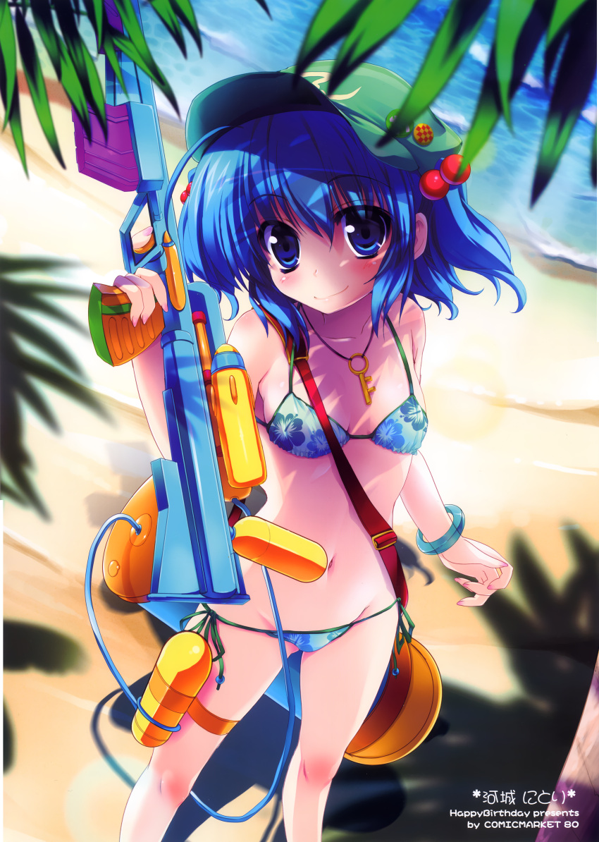 absurdres bare_shoulders beach bikini blue_eyes blue_hair blush bracelet collarbone female groin hair_bobbles hair_ornament happy_birthday_(artist) hat highres jewelry kawashiro_nitori key maruchan. navel necklace ocean outdoors pendant scan shadow short_hair smile solo standing swimsuit touhou toy two_side_up water water_gun