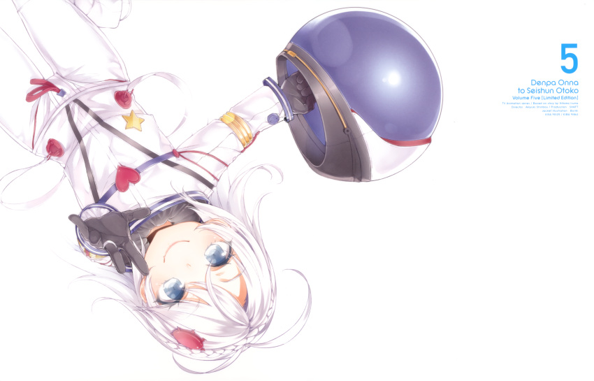 absurdres ahoge antenna_hair astronaut black_gloves blue_eyes braid buriki copyright_name denpa_onna_to_seishun_otoko fang_out female gloves hair_ornament heart highres hoshimiya_yashiro long_hair oerba_yun_fang official_art outstretched_arm smile solo spacesuit star_(symbol) white_background white_hair