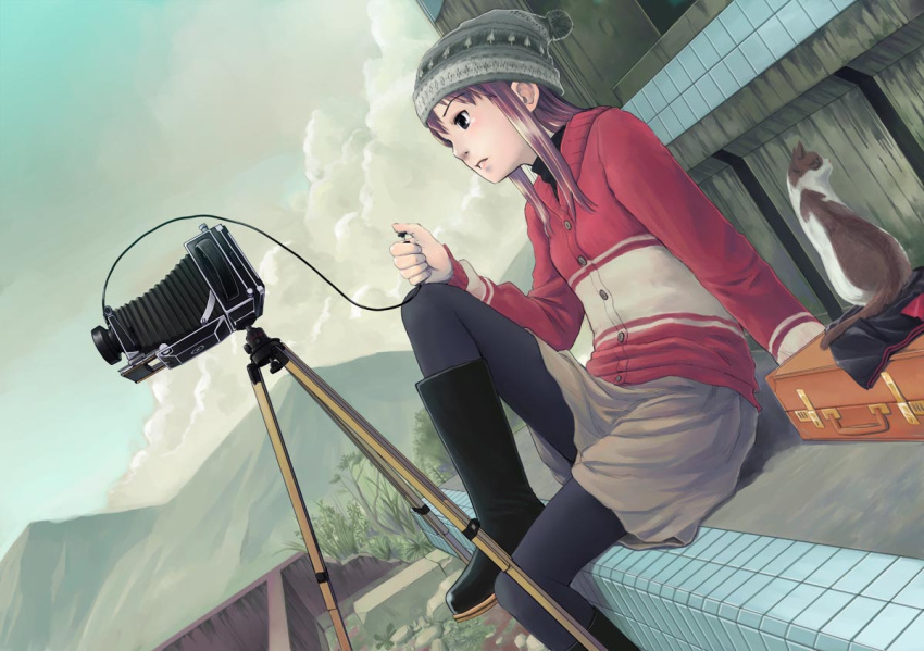 beanie bellows_camera black_pantyhose boots brown_hair camera cloud commentary_request day dutch_angle feline female hat hidari_kagetora jacket long_hair original pantyhose photoshop_(medium) rubber_boots sidelocks sitting sky solo suitcase tripod