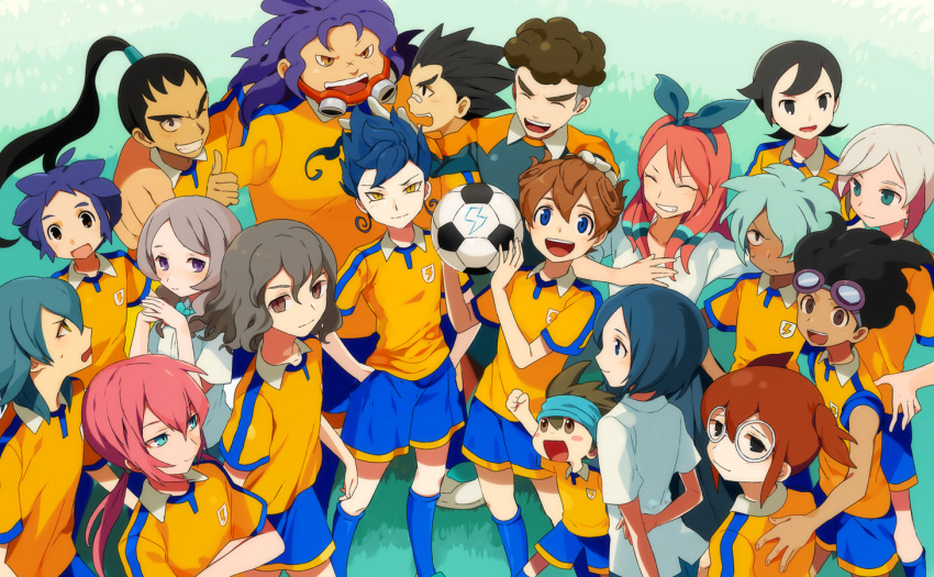 6+boys amagi_daichi aoyama_shunsuke bad_id bad_pixiv_id ball banned_artist black_hair blue_eyes blue_hair brown_eyes brown_hair crossed_arms everyone glasses goggles green_hair grin hair_ribbon hamano_kaiji harano hayami_tsurumasa ichino_nanasuke inazuma_eleven_(series) inazuma_eleven_go kageyama_hikaru kariya_masaki kirino_ranmaru kneehighs kurama_norihito kurumada_gouichi long_hair long_skirt matsukaze_tenma multiple_boys multiple_girls nishiki_ryouma nishizono_shinsuke open_mouth pink_hair purple_hair red_hair ribbon sangoku_taichi school_uniform seto_midori shindou_takuto short_hair skirt sleeves_rolled_up smile soccer_ball soccer_uniform sorano_aoi sportswear tsurugi_kyousuke twintails yamana_akane yellow_eyes