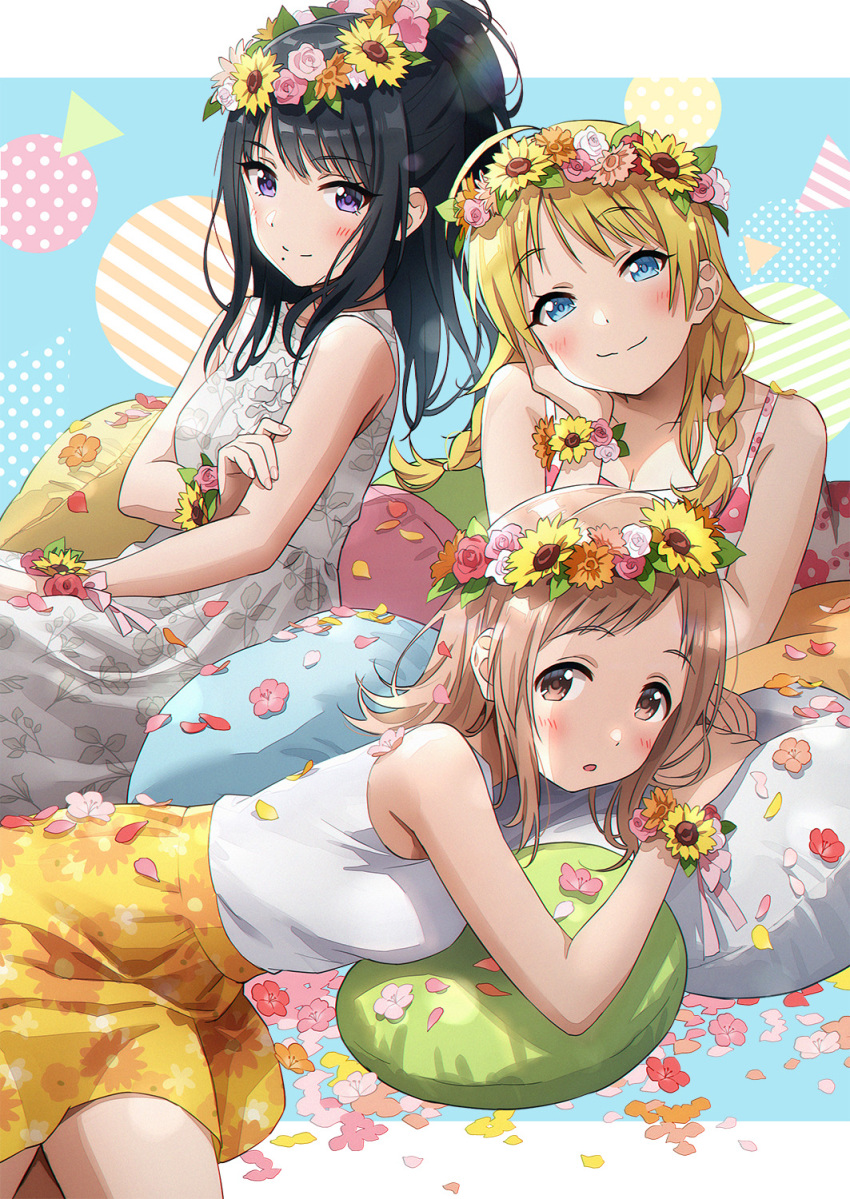 3girls :o alternate_costume black_hair blonde_hair blush braid brown_hair cushion dress floral_print flower hachimiya_meguru head_rest head_wreath highres idolmaster idolmaster_shiny_colors illumination_stars_(idolmaster) kazano_hiori letterboxed looking_at_viewer multiple_girls patterned_background petals ponytail sakuragi_mano shirt sleeveless sleeveless_dress sleeveless_shirt smile sonsoso twin_braids wrist_flower