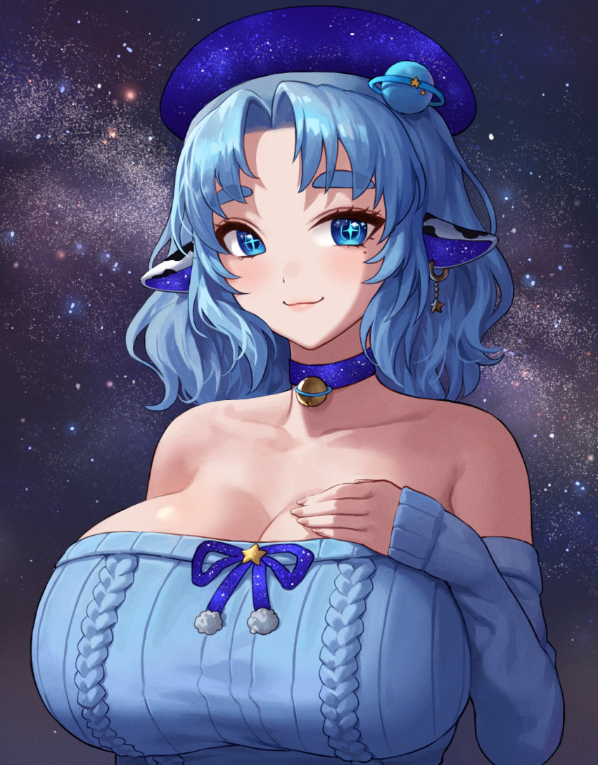 animal_ears aran_sweater arm_at_side bare_shoulders blue_choker blue_eyes blue_hair blue_ribbon blue_sweater breasts cable_knit choker closed_mouth collarbone commentary commission cow_ears cow_girl cow_horns detached_sleeves earrings english_commentary eyelashes female hair_ornament hand_on_own_chest hat highres horns huge_breasts indie_virtual_youtuber jewelry long_sleeves looking_at_viewer medium_hair miilkywayz mole mole_under_eye nhaliz night night_sky parted_lips planet_hair_ornament pom_pom_(clothes) ribbed_sweater ribbon second-party_source short_eyebrows sky solo star_(sky) star_(symbol) star_earrings starry_sky sweater upper_body virtual_youtuber