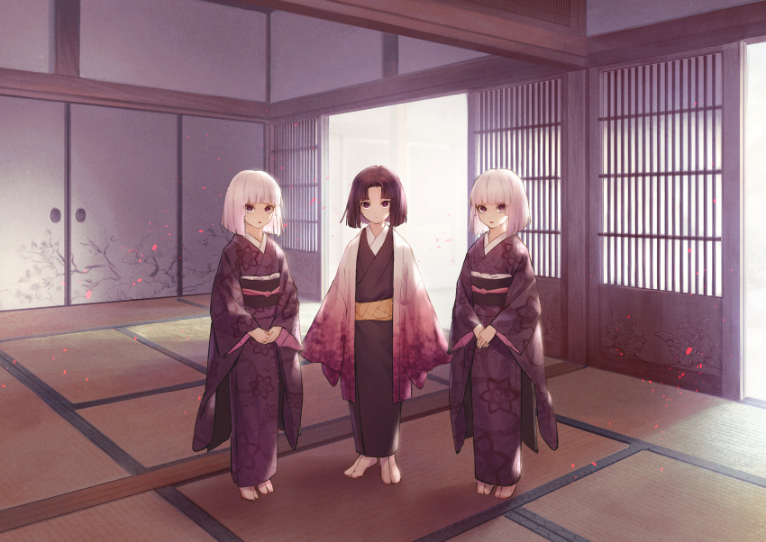 1boy 2girls absurdres albino black_hair black_kimono blunt_bangs bob_cut brother_and_sister commentary_request floral_print frown haori highres indoors japanese_clothes kimetsu_no_yaiba kimono kokorin long_sleeves looking_at_viewer multiple_girls no_shoes obi own_hands_together parted_bangs purple_eyes purple_kimono sanpaku sash short_hair siblings sisters sleeves_past_fingers sleeves_past_wrists sliding_doors standing tabi tatami twins ubuyashiki_kanata ubuyashiki_kiriya ubuyashiki_kuina white_hair wide_sleeves wooden_floor