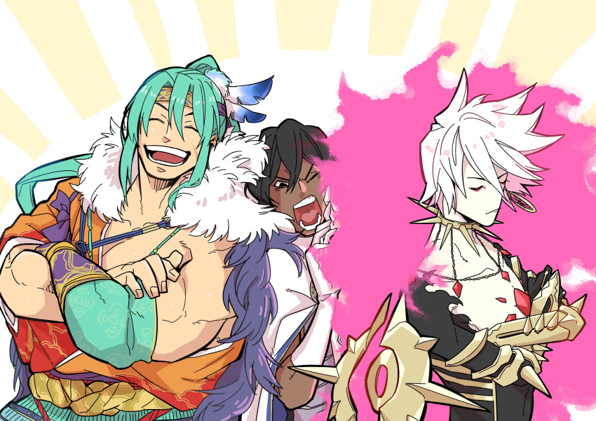 3boys arjuna_(fate) bishounen black_hair boy_sandwich commentary_request crossed_arms detached_sleeves fate/grand_order fate_(series) green_hair headband highres japanese_clothes karna_(fate) koryuu_(gackter10) long_hair male_focus multiple_boys muscular muscular_male open_mouth pale_skin pectorals ponytail sandwiched short_hair smile tawara_touta_(fate)